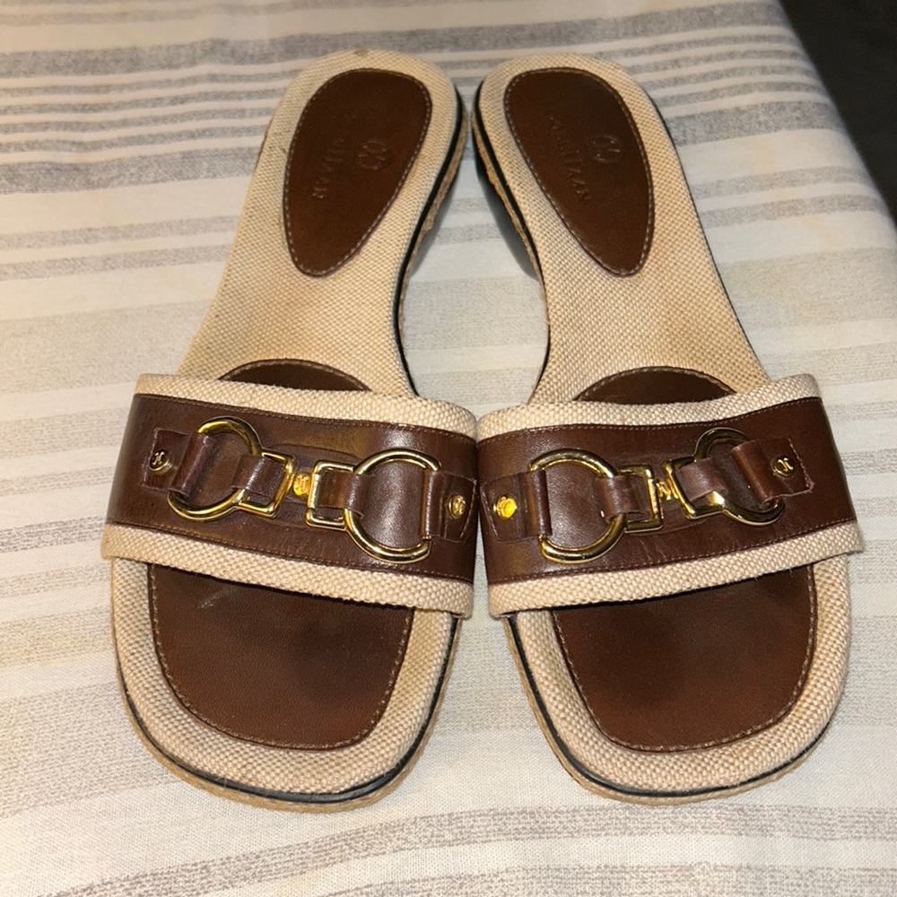 Designer Coke Haan slip on leather and cloth with gold detailing buckles